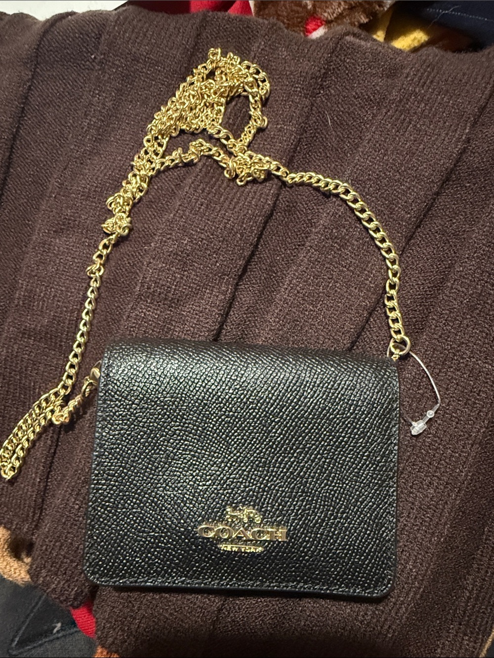 Coach Black Pebbled Leather Crossbody with Gold Chain Strap